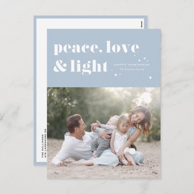 Peace Love and Light Light Blue Hanukkah Photo Holiday Postcard (Front/Back)