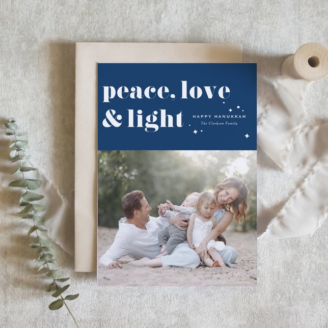 Peace Love and Light Navy Blue Hanukkah Photo Holiday Card (Creator Uploaded)