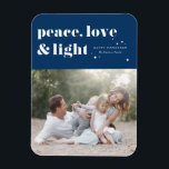 Peace Love and Light Navy Blue Hanukkah Photo Magnet<br><div class="desc">Peace, love, and light. | Celebrate the joyous Festival of Lights with our customisable photo Hanukkah magnet! This festive magnet allows you to showcase your favourite memories while adding a personal touch to your holiday decor. It features retro bold typography. Personalise this photo Hanukkah postcard by adding your details. An...</div>