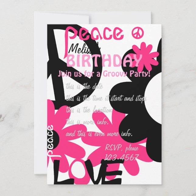 Peace, Love and Party in Hot pink and black Invitation (Front)