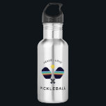 Peace Love and Pickleball Striped Paddles 532 Ml Water Bottle<br><div class="desc">Your pickleball squad or pickleball lover in your life will love this pickleball water bottle! Features a pair of striped pickleball paddles in dark grey,  blue,  teal,  yellow and orange and the phrase "Peace,  Love and Pickleball." Part of a collection from Parcel Studios.</div>