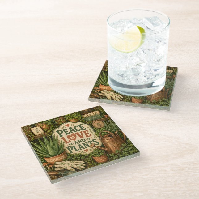 Peace Love And Plants Glass Coaster (Angled)