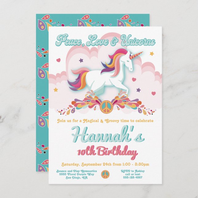 Peace Love and Unicorns Hippie BIrthday Party Invitation (Front/Back)
