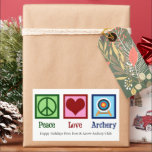Peace Love Archery Custom Christmas Rectangular Sticker<br><div class="desc">Cute custom archery Christmas gift stickers. Beautiful personalised Peace Love Archery sticker with a green peace sign,  red heart,  and a target for an archer.</div>