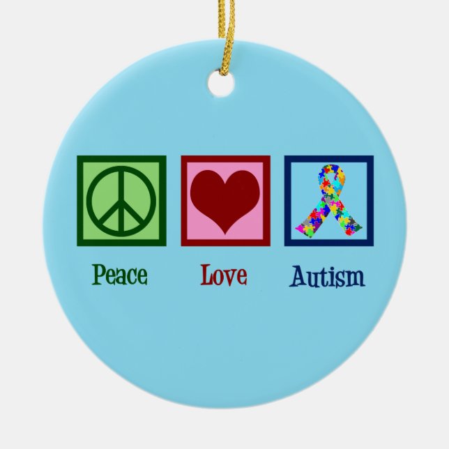 Peace Love Autism Awareness Ribbon Cute Blue Ceramic Tree Decoration (Front)