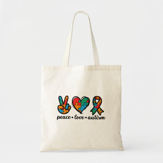 Peace Love Autism Awareness Tote Bag (Front)