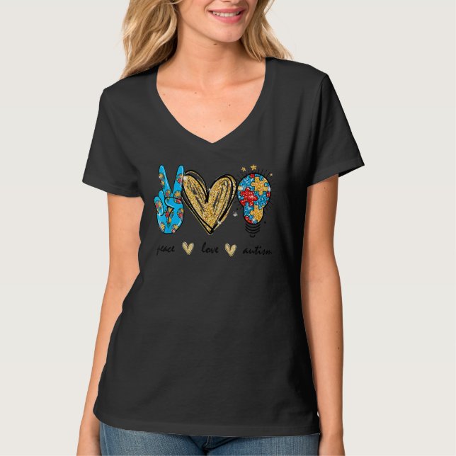 Peace Love Autism Puzzle Light Buld Autism Awarene T-Shirt (Front)