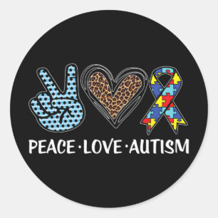 Peace Love Autism Puzzle Pieces Ribbon Autism Awar Classic Round Sticker