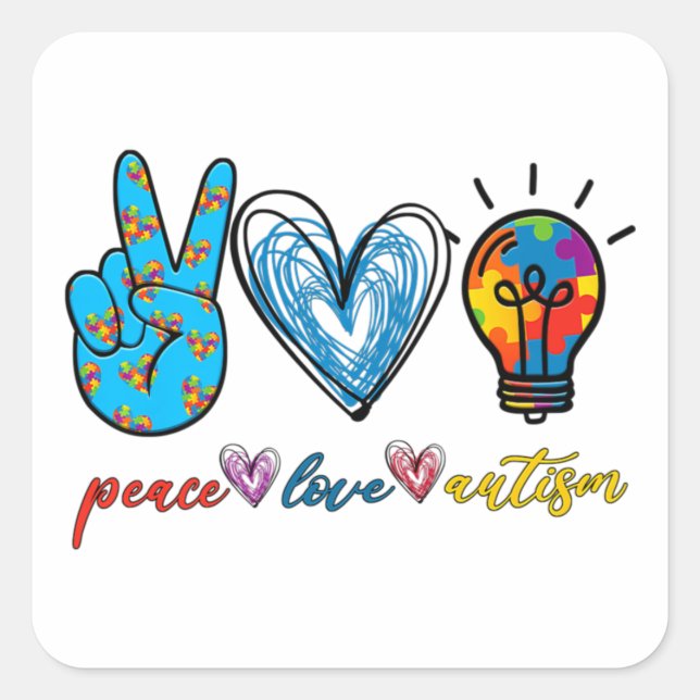 Peace Love Autism Puzzle Ribbon Autism Awareness P Square Sticker (Front)