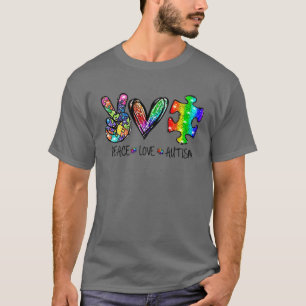 Peace Love Autism Puzzle Ribbon Autism Awareness V T-Shirt