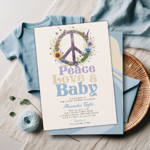 Peace Love Baby Wildflowers Retro Baby Boy Shower Invitation