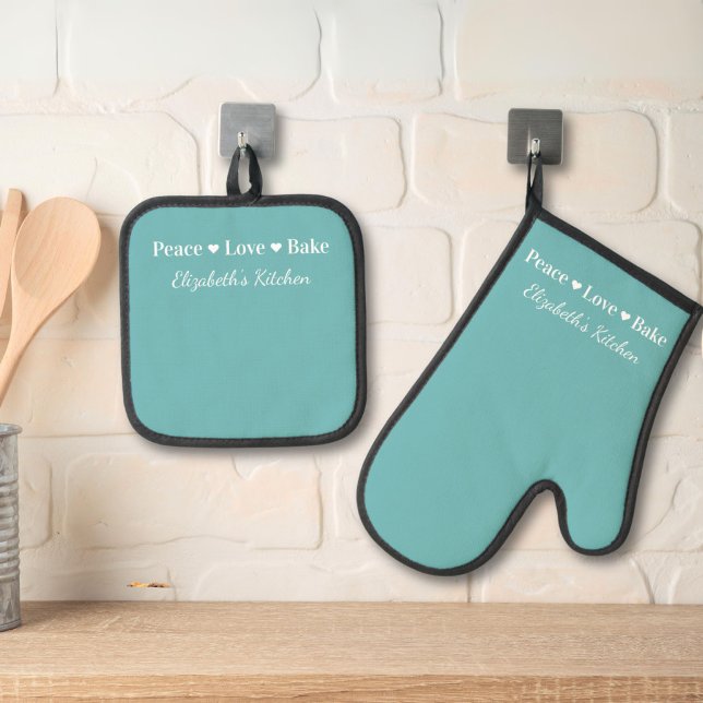 Peace Love Bake Personalised Teal Blue Oven Mitt & Pot Holder Set (Creator Uploaded)