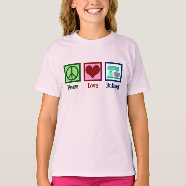 Peace Love Baking Cute Bakery Teal Stand Mixer T-Shirt (Front)