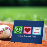 Peace Love Baseball Custom Team Blue Christmas<br><div class="desc">Cute custom little league or baseball team holiday cards. Customise with your team name or school and mascot underneath the green peace sign,  heart,  and baseball. Peace Love Baseball blue Christmas cards.</div>