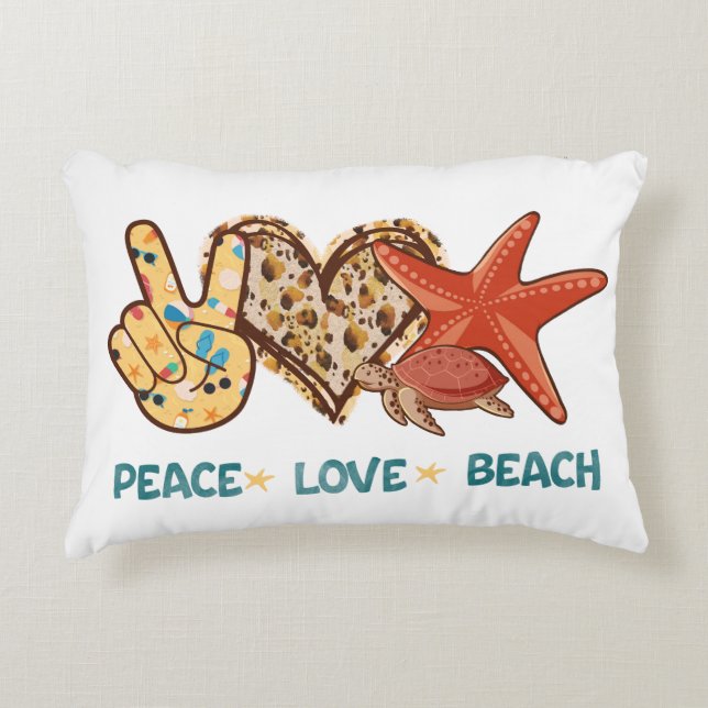 Peace, Love, Beach | Hand-Peace, Heart, Turtle Decorative Cushion (Front)