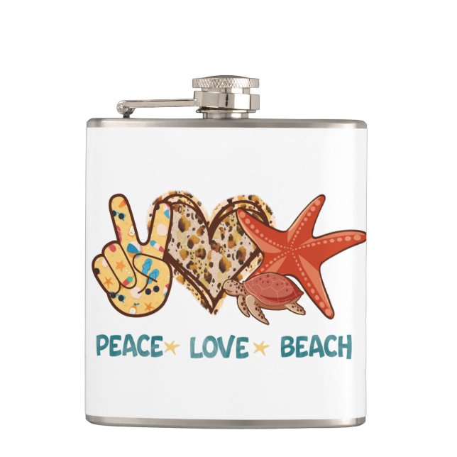 Peace, Love, Beach | Hand-Peace, Heart, Turtle Hip Flask (Front)