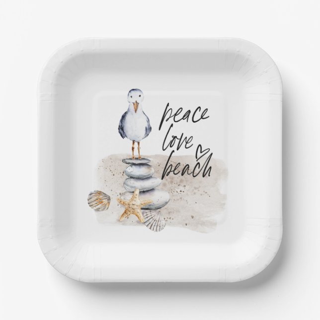 Peace Love Beach Seagull Coastal Paper Plate (Front)