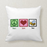 Peace Love Bees Cushion<br><div class="desc">A peace sign,  heart,  and cute bumblebee.</div>