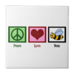 Peace Love Bees Tile<br><div class="desc">A peace sign,  heart,  and a cute bumblebee. I love black and yellow striped honey bees gifts.</div>
