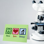 Peace Love Biology Holiday Card<br><div class="desc">A cute Biologist Christmas gift featuring a peace sign,  heart,  and a microscope to study organisms and biology. A cool biology teacher or professor present.</div>