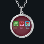Peace Love Books Silver Plated Necklace<br><div class="desc">A cute librarian Christmas gift featuring a peace sign,  heart,  and a stack of novels. Peace Love Books makes a good present for an author,  writer,  or novelist. Fun bookworm design for a teacher.</div>