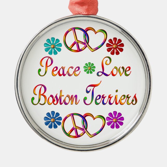 PEACE LOVE BOSTON TERRIERS METAL TREE DECORATION (Front)