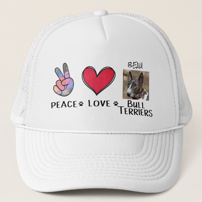 Peace Love Bull Terriers Dog Lovers Trucker Hat (Front)