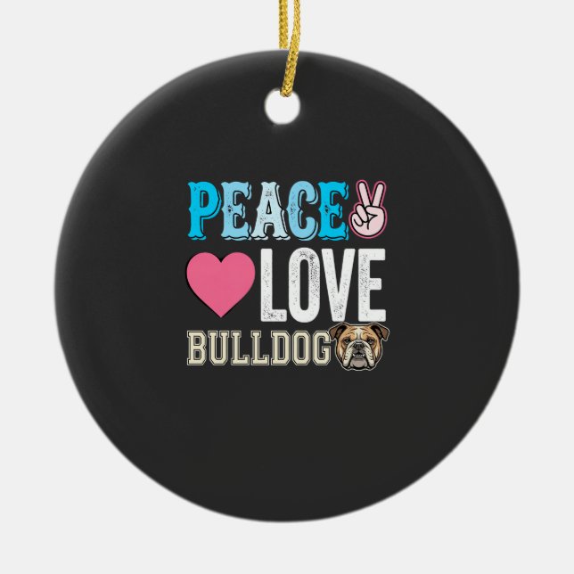 Peace Love Bulldog Vector Ceramic Tree Decoration (Front)