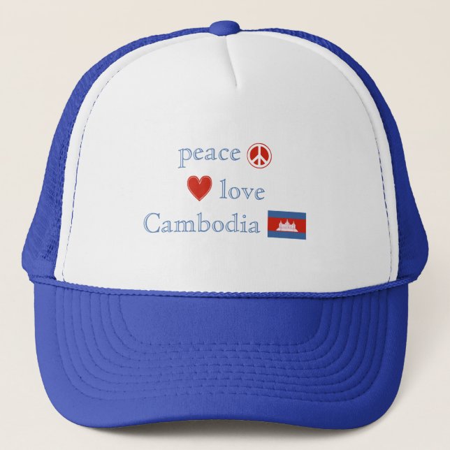 Peace Love Cambodia Heart Cambodian Flag Trucker Hat (Front)
