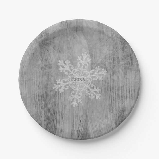 Peace Love Cheer Silver Snowflake Holiday Party Paper Plate (Front)