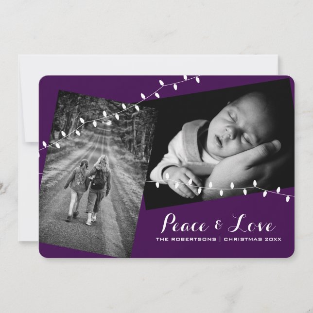 Peace & Love Christmas Photos Rounded Edges Purple Holiday Card (Front)