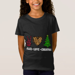 Peace Love Christmas Tree Buffalo Plaid Leopard Fu T-Shirt