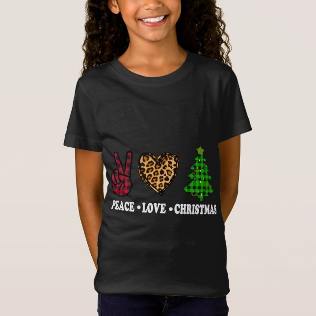 Peace Love Christmas Tree Buffalo Plaid Leopard Fu T-Shirt (Front)