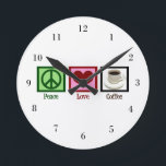 Peace Love Coffee Round Clock<br><div class="desc">A cute clock for a diner or cafe where they serve coffee. Pretty gift for someone's kitchen.</div>