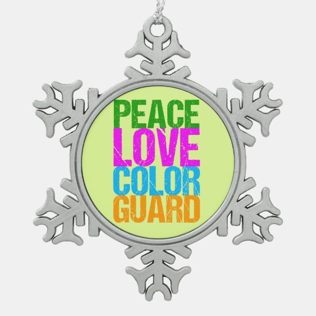 Peace Love Colour Guard Snowflake Pewter Christmas Ornament (Front)