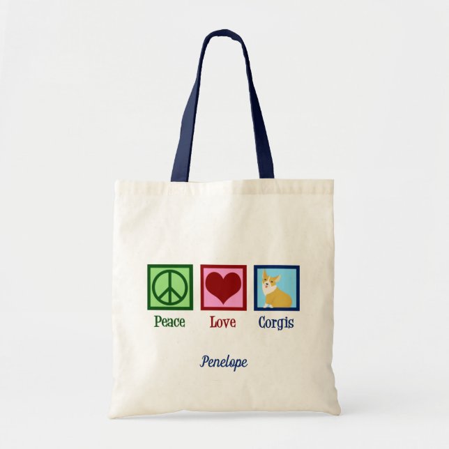 Peace Love Corgis Cute Monogram Tote Bag (Front)