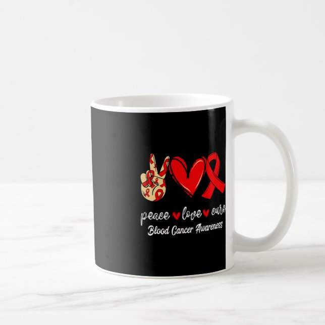 Peace Love Cure Blood Cancer Red Ribbon Awareness  Coffee Mug (Right)