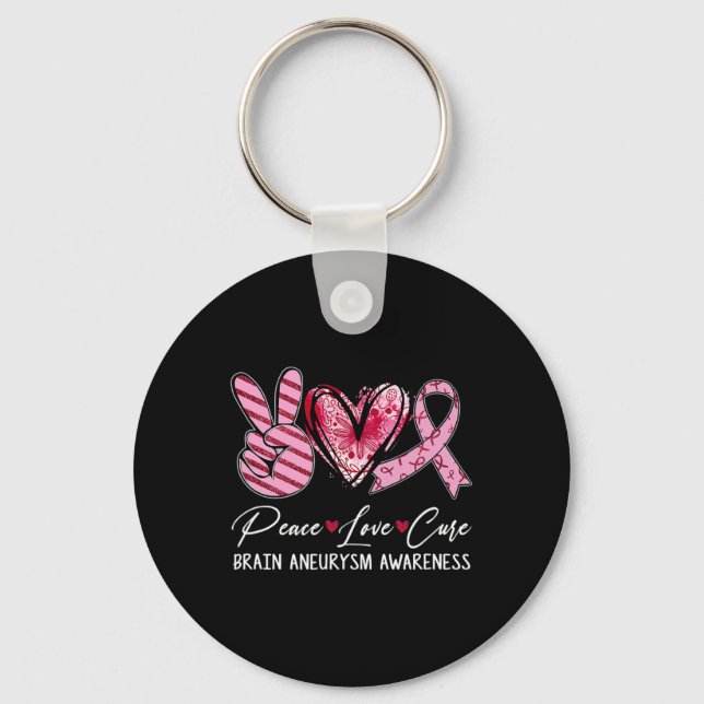 Peace Love Cure Burgundy Ribbon Brain Aneurysm Awa Key Ring (Front)