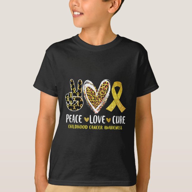 Peace Love Cure Childhood Cancer Awareness Leopart T-Shirt (Front)