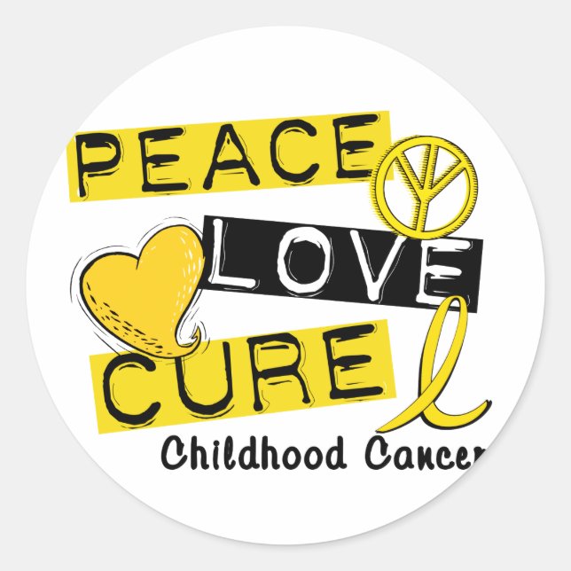 PEACE LOVE CURE CHILDHOOD CANCER CLASSIC ROUND STICKER (Front)