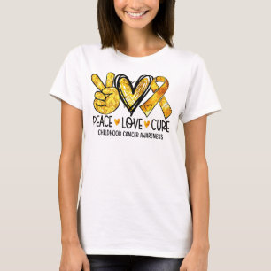 Peace Love Cure Gold Heart Ribbon Childhood Cancer T-Shirt