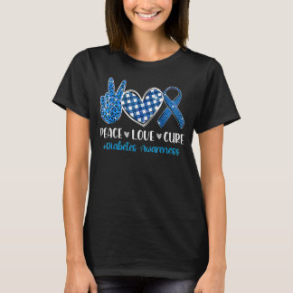 Peace Love Cure Grey Blue Ribbon Diabetes Awarenes T-Shirt