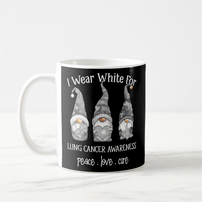 Peace Love Cure I Wear White Gnome Lung Cancer Awa Coffee Mug (Left)