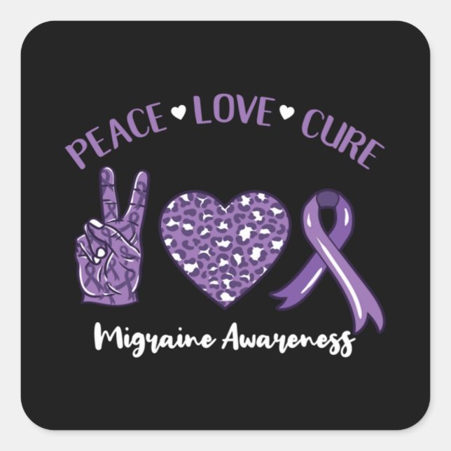 Peace Love Cure Migraine Awareness Ribbon Square Sticker (Front)