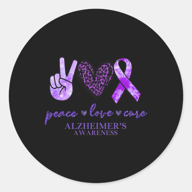 Peace Love Cure Ribbon Leopard Alzheimer Brain Awa Classic Round Sticker (Front)