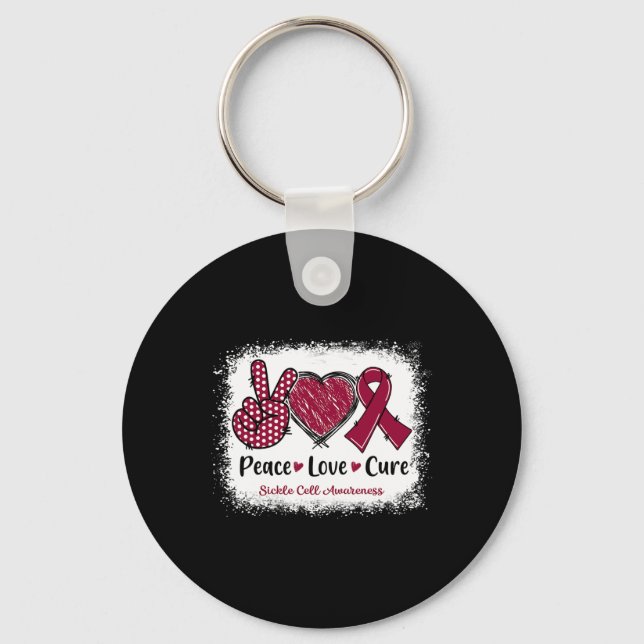 Peace Love Cure Sickle Cell Awareness Burgundy Rib Key Ring (Front)