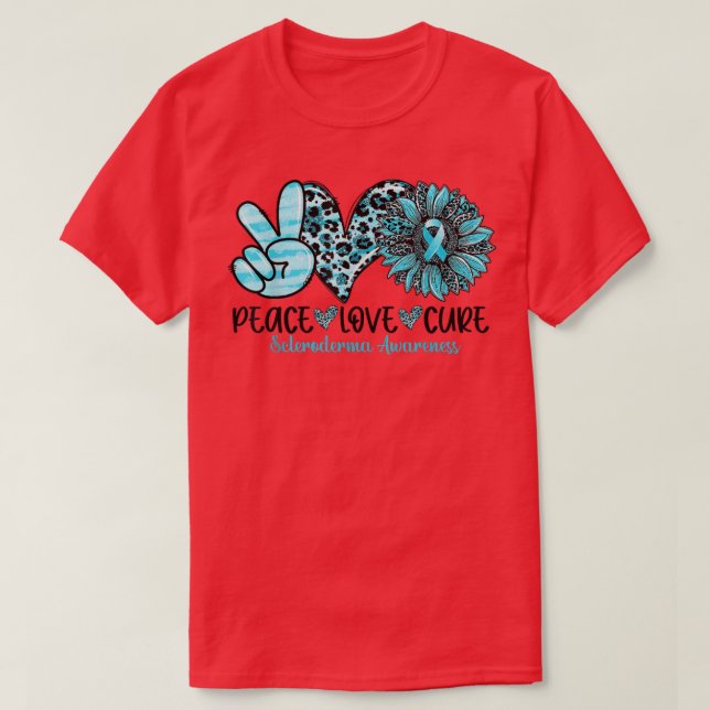 Peace Love Cure Sunflower Teal Ribbon Scleroderma  T-Shirt (Design Front)