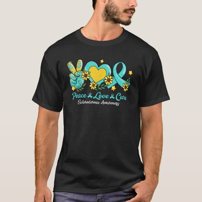 Peace Love Cure Teal Ribbon Scleroderma Awareness T-Shirt (Front)