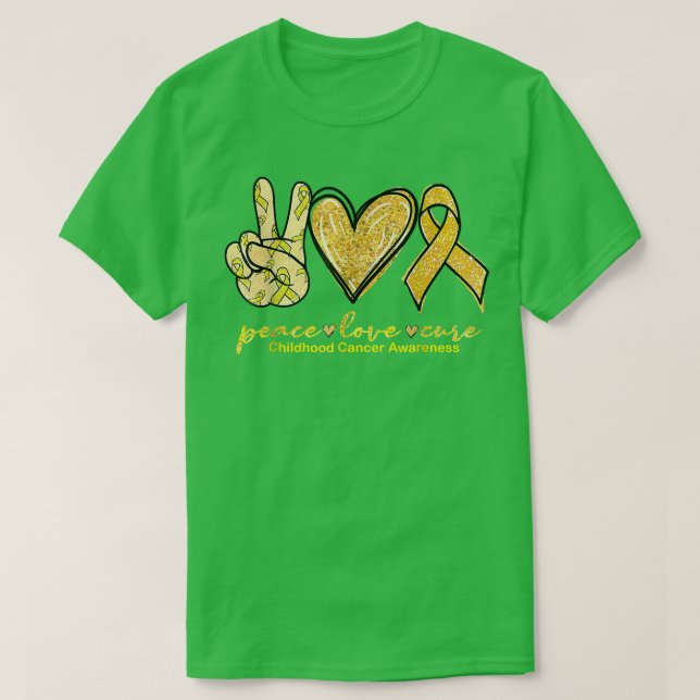 Peace Love Cure Yellow Ribbon Childhood Cancer Awa T-Shirt (Design Front)