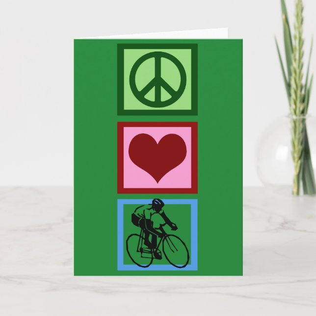 Peace Love Cycling Green Christmas Cyclist Holiday Card (Front)